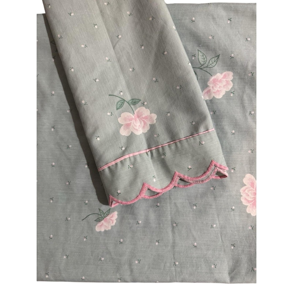 Vtg Burlington Caress Mint Green Pink Flowers Twin Flat Sheet And Pillowcase